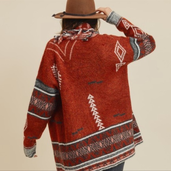 New Cowichan Fringe knit Sweater Blanket Cardigan Tribal Native Print Retro Rust - Picture 5 of 6